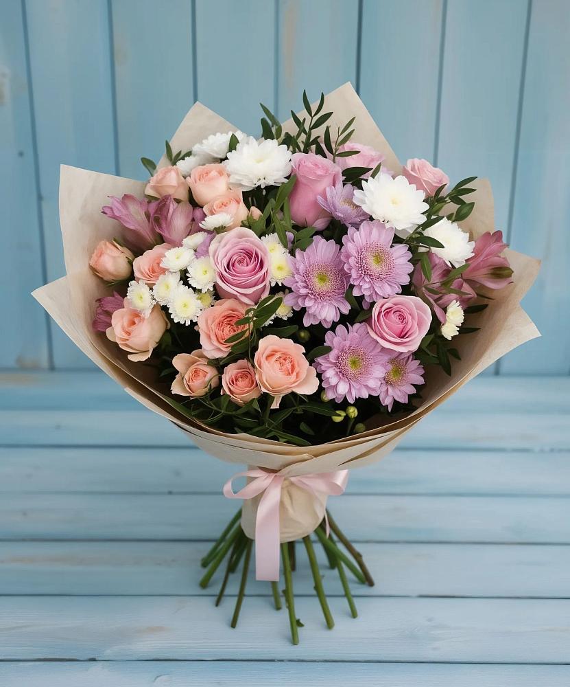 Букет цветов из: Хризантемы, Розы и Альстромерии в Каладжинской