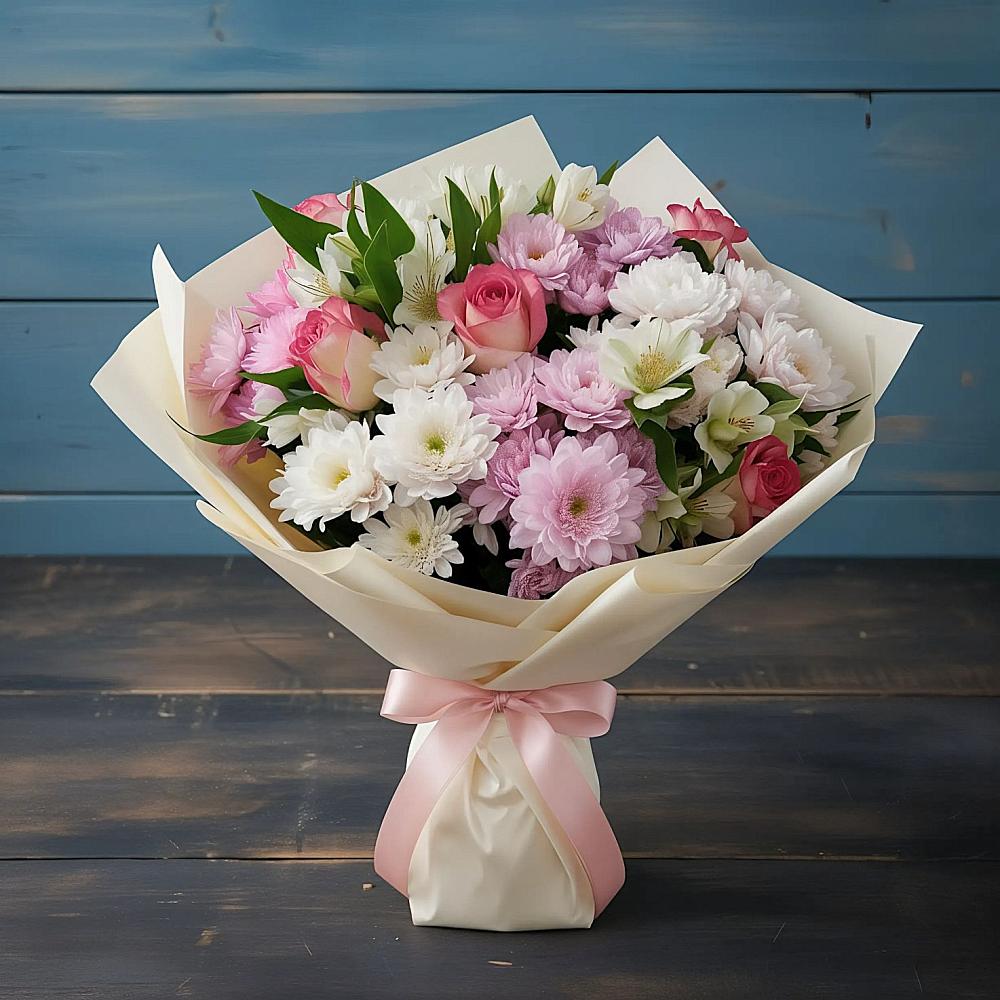 Букет цветов из: Хризантемы, Альстромерии и Розы в Каладжинской